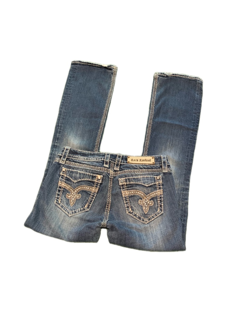 Rock Revival "Denisa" Low-Rise Bootcut Jeans with Distressed Tribal Details